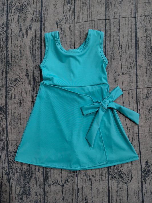 3.24 GSD3876 Sample No Moq Yoga fabric Baby Girls Sleeveless Aqua Bows Yoga Active Short Knee Length Dress