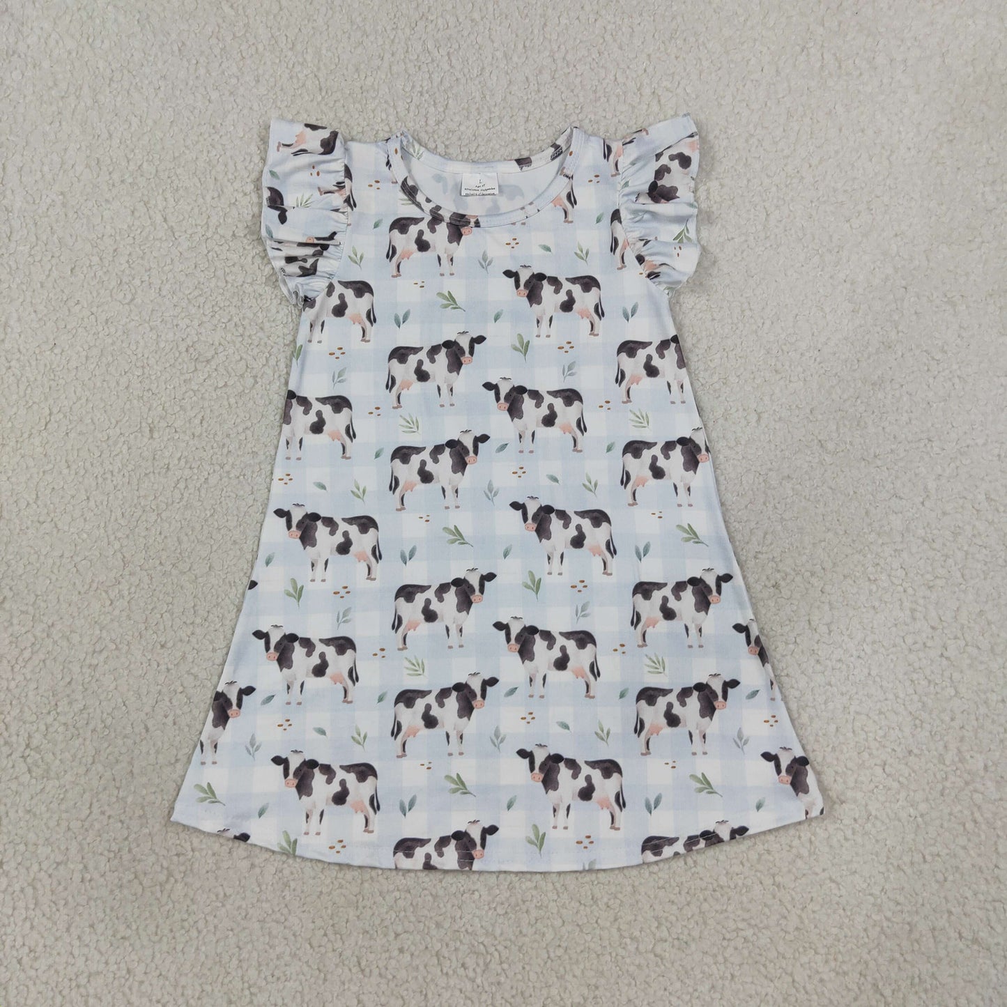 RTS NO MOQ （In stock）milk silk GSD3895 Baby Girls Flutter Sleeve Blue Checked Cows Farm Knee Length Cute Dresses