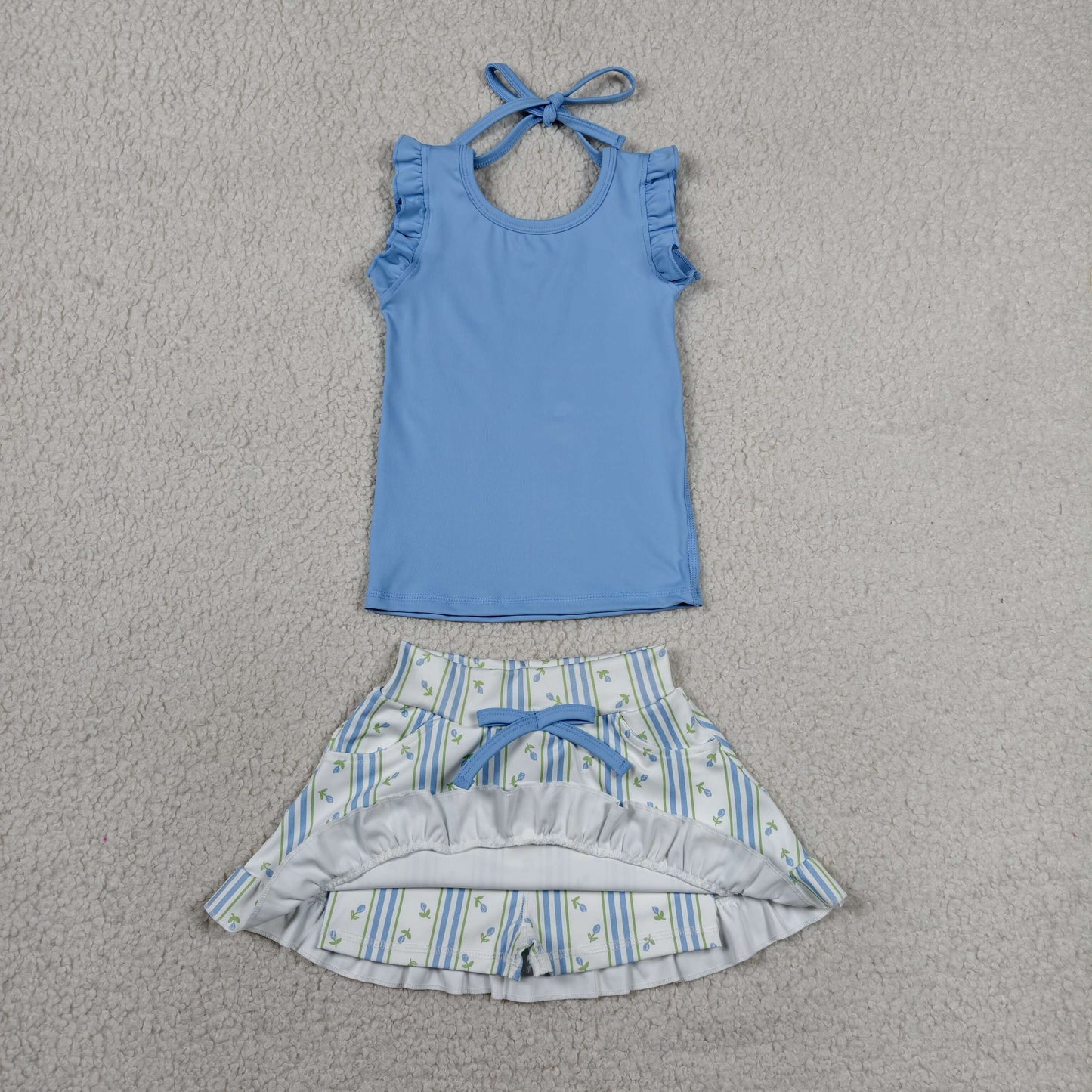 GSD3906 RTS NO MOQ （In stock）Sleeveless ruffle top floral stripe skirt girls active set