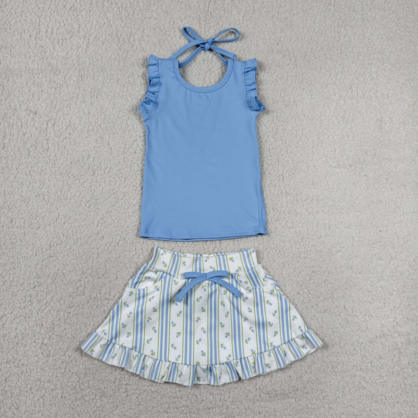 GSD3906 RTS NO MOQ （In stock）Sleeveless ruffle top floral stripe skirt girls active set