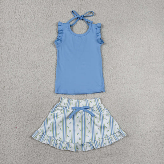 GSD3906 RTS NO MOQ （In stock）Sleeveless ruffle top floral stripe skirt girls active set