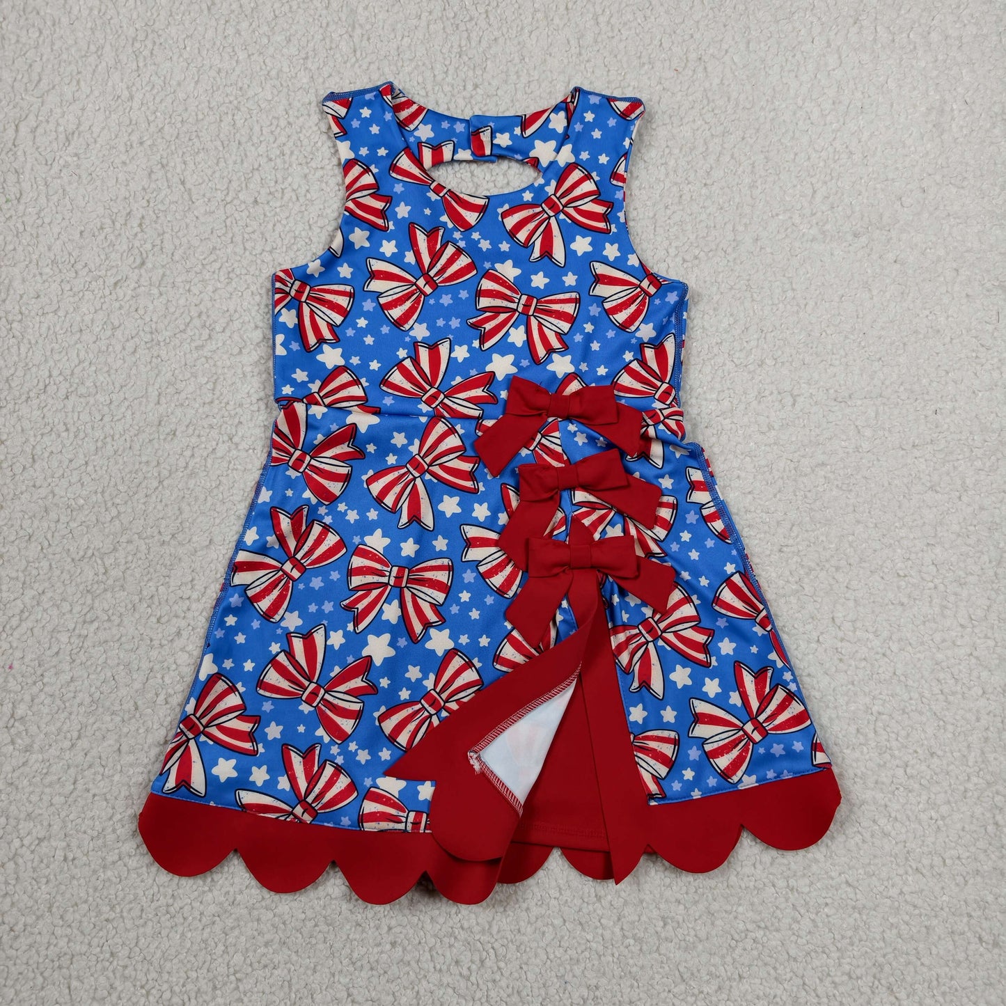 GSD3925 RTS NO MOQ （In stock）Sleeveless stripe bow stars girls 4th of july athletic dress