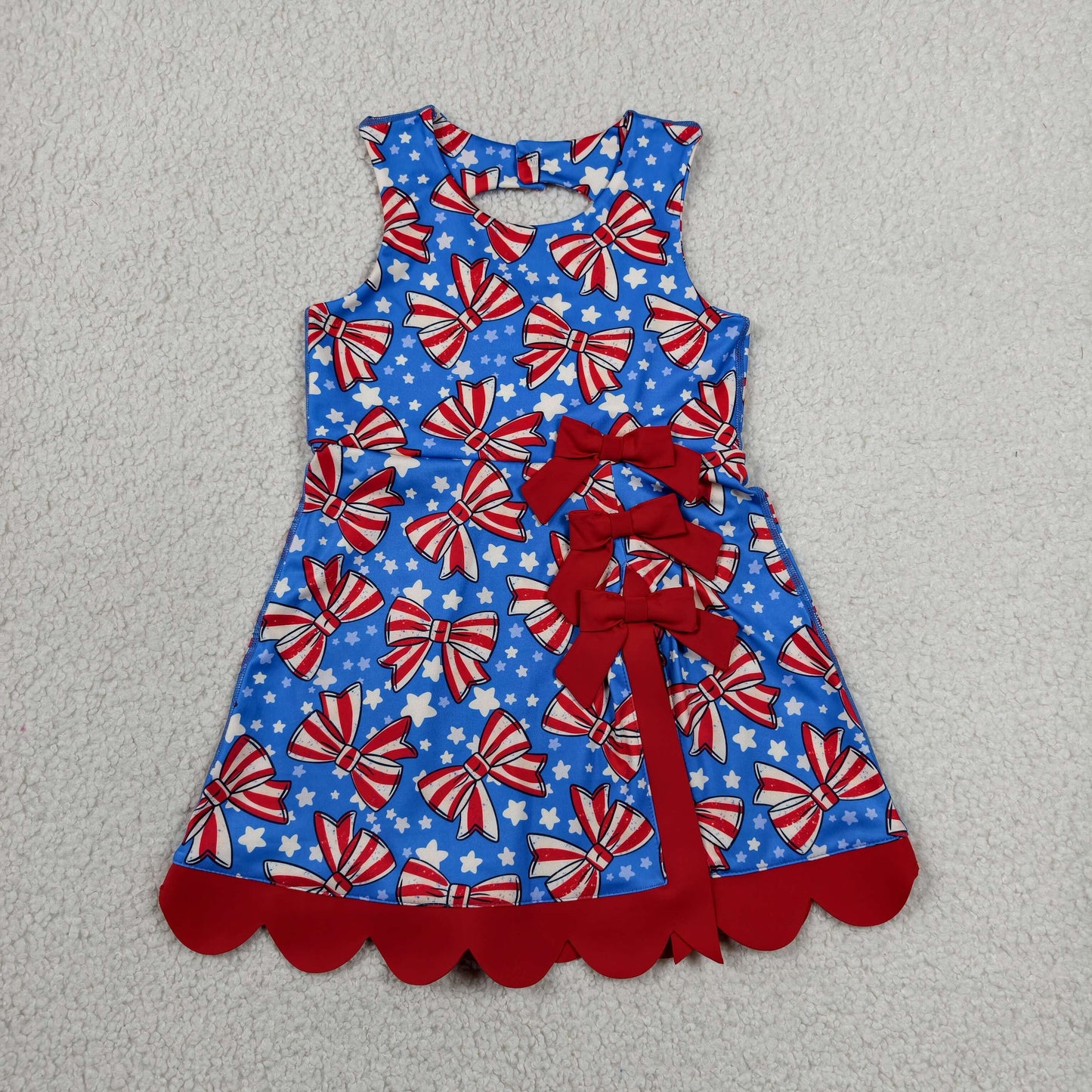GSD3925 RTS NO MOQ （In stock）Sleeveless stripe bow stars girls 4th of july athletic dress