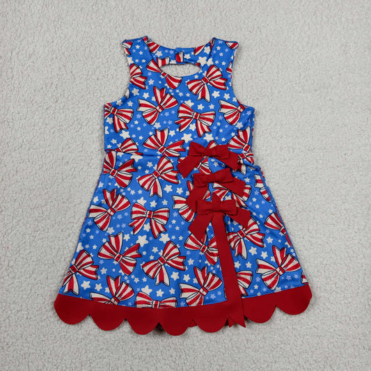 GSD3925 RTS NO MOQ （In stock）Sleeveless stripe bow stars girls 4th of july athletic dress