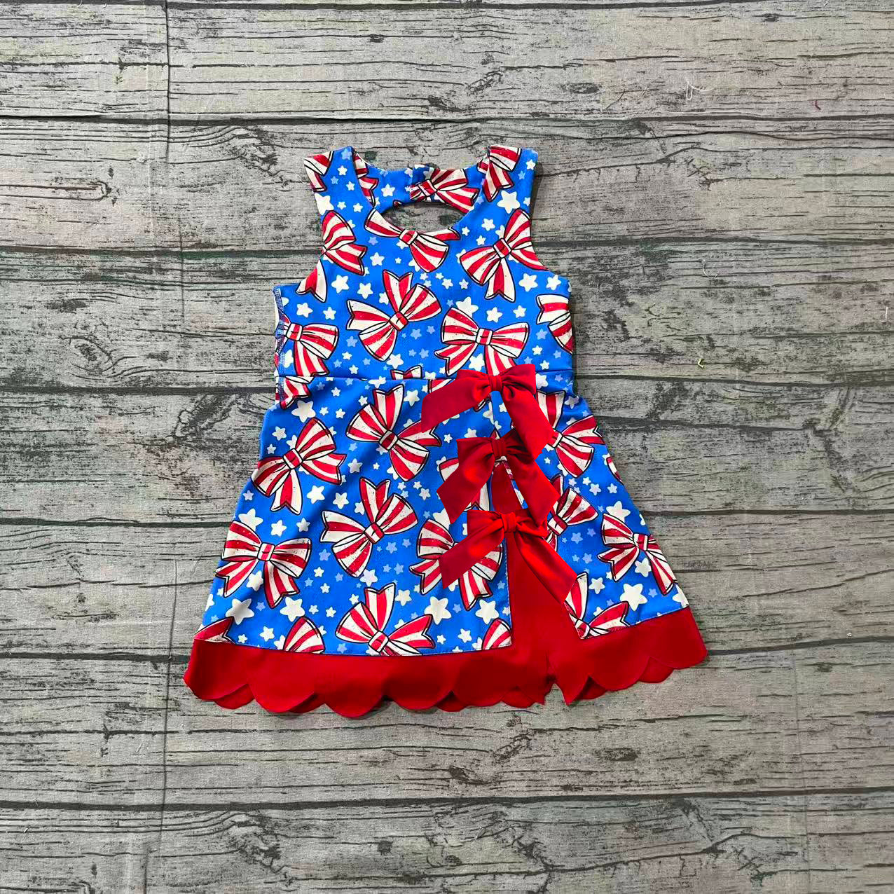 4.18 GSD3925 Sample No Moq Preorder Baby Girls Flag Bows Stars 4th of July Yoga Active Scallop Short Knee Length Dress