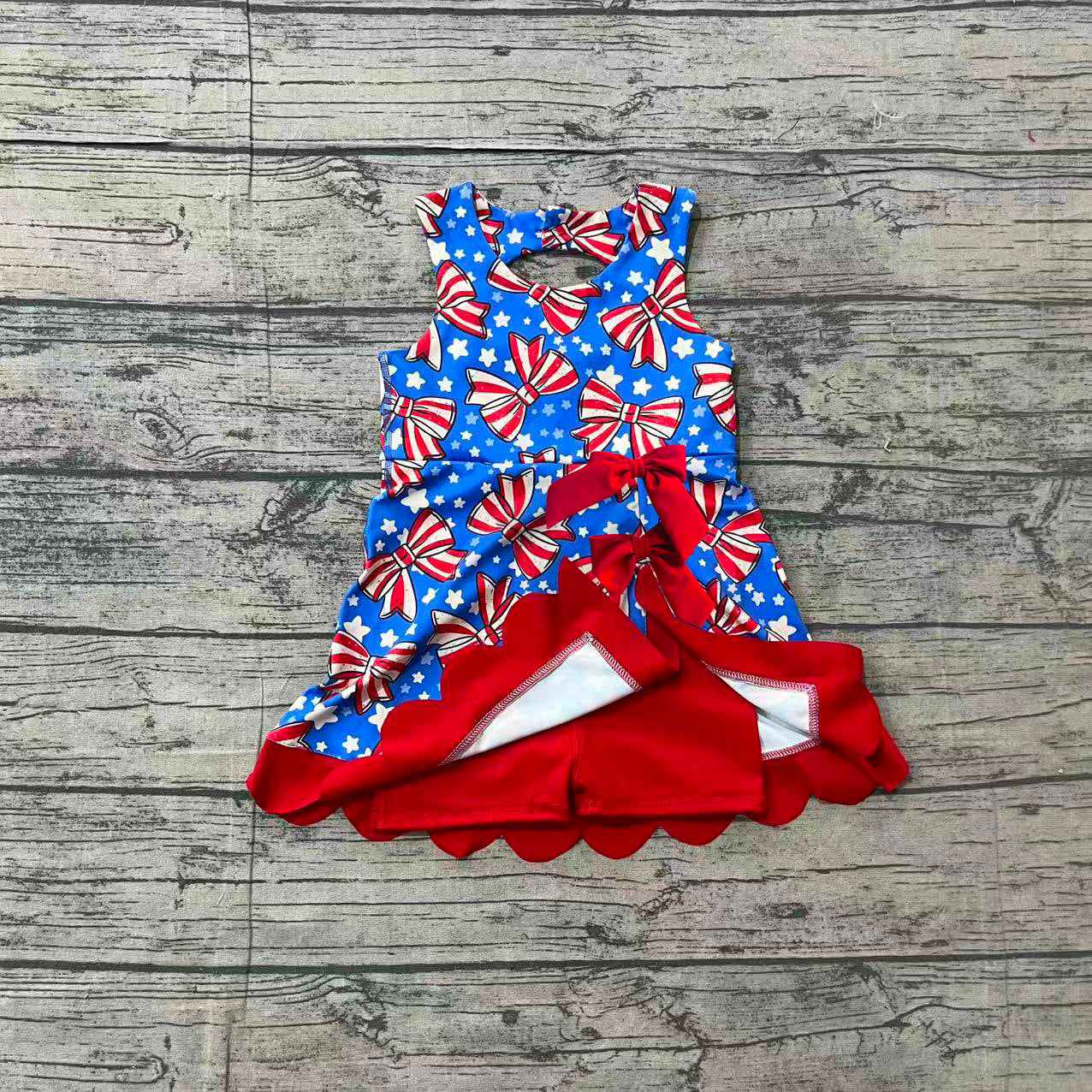 4.18 GSD3925 Sample No Moq Preorder Baby Girls Flag Bows Stars 4th of July Yoga Active Scallop Short Knee Length Dress