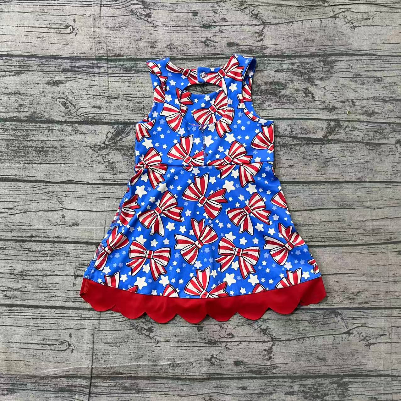 4.18 GSD3925 Sample No Moq Preorder Baby Girls Flag Bows Stars 4th of July Yoga Active Scallop Short Knee Length Dress