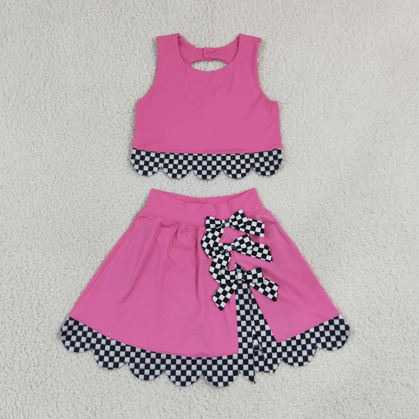 RTS NO MOQ Sibling yoga fabric Baby Girls Vest Bows Skirt Short Yoga Active Scallop Clothes Set Bow Scallop Edge Skort Girls Active Wear