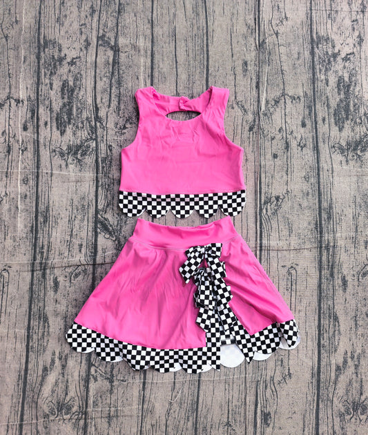 4.9 GSD3926 Sample No Moq Baby Girls Pink Sleeveless Vests Top Bows Short Yoga Active Scallop Clothes Set