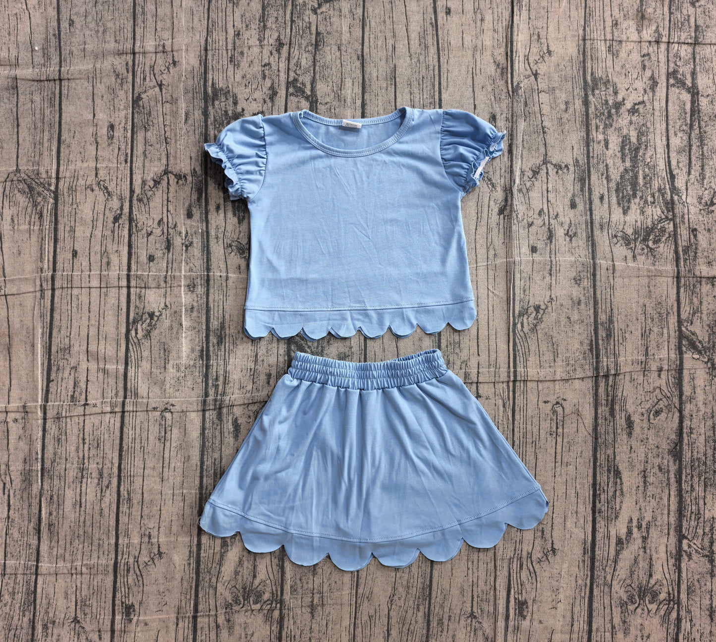 6.2 GSD3933 Sample No Moq Baby Girls Blue Ruffle Short Sleeve Scallop Trim Skort Daily Matching Outfit