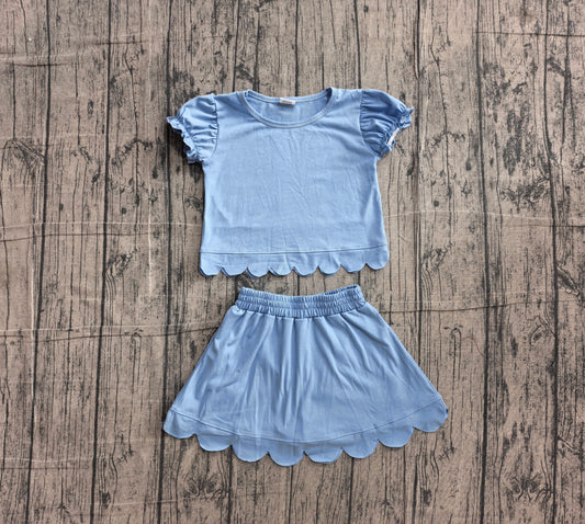 6.2 GSD3933 Sample No Moq Baby Girls Blue Ruffle Short Sleeve Scallop Trim Skort Daily Matching Outfit
