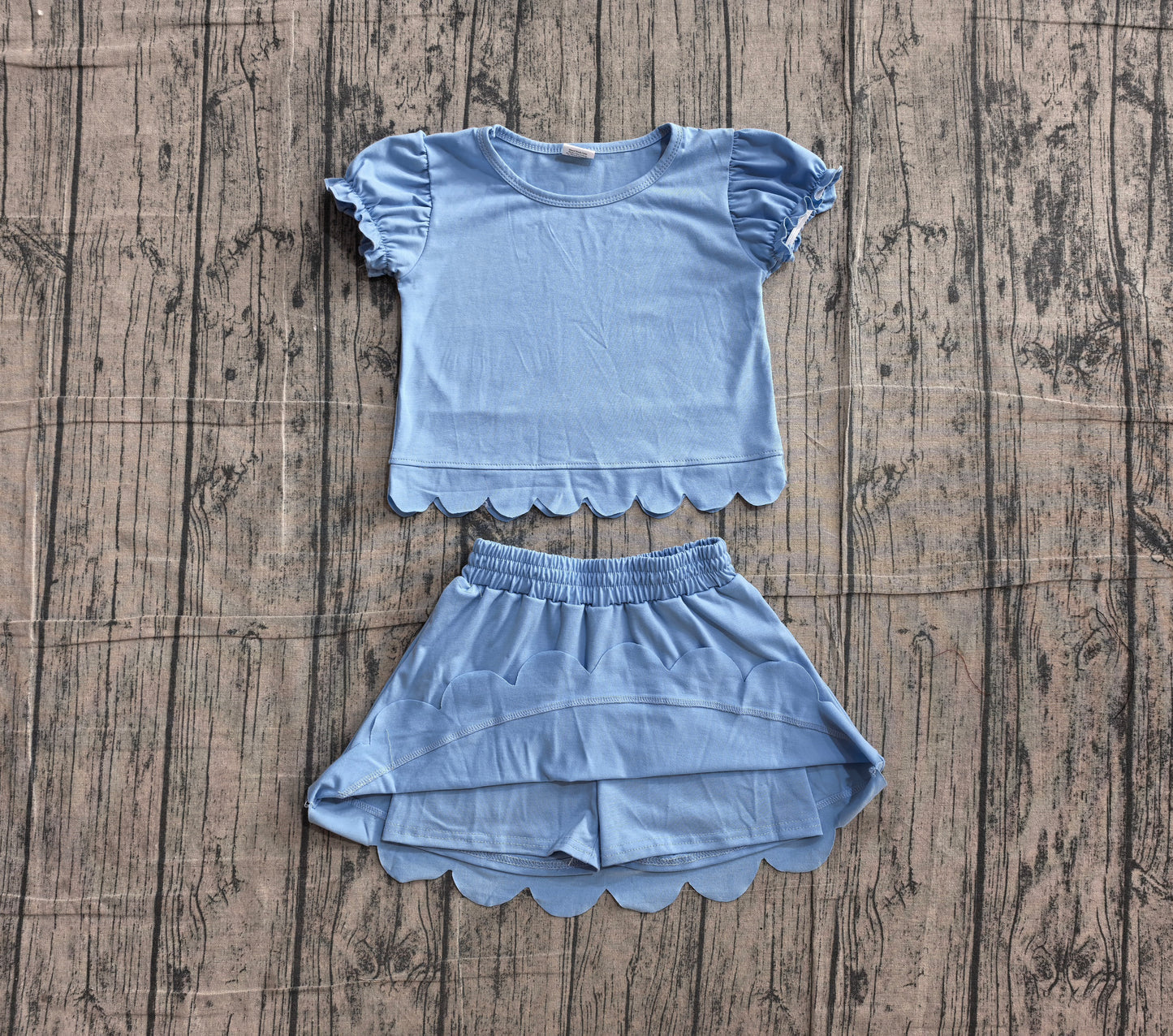 6.2 GSD3933 Sample No Moq Baby Girls Blue Ruffle Short Sleeve Scallop Trim Skort Daily Matching Outfit