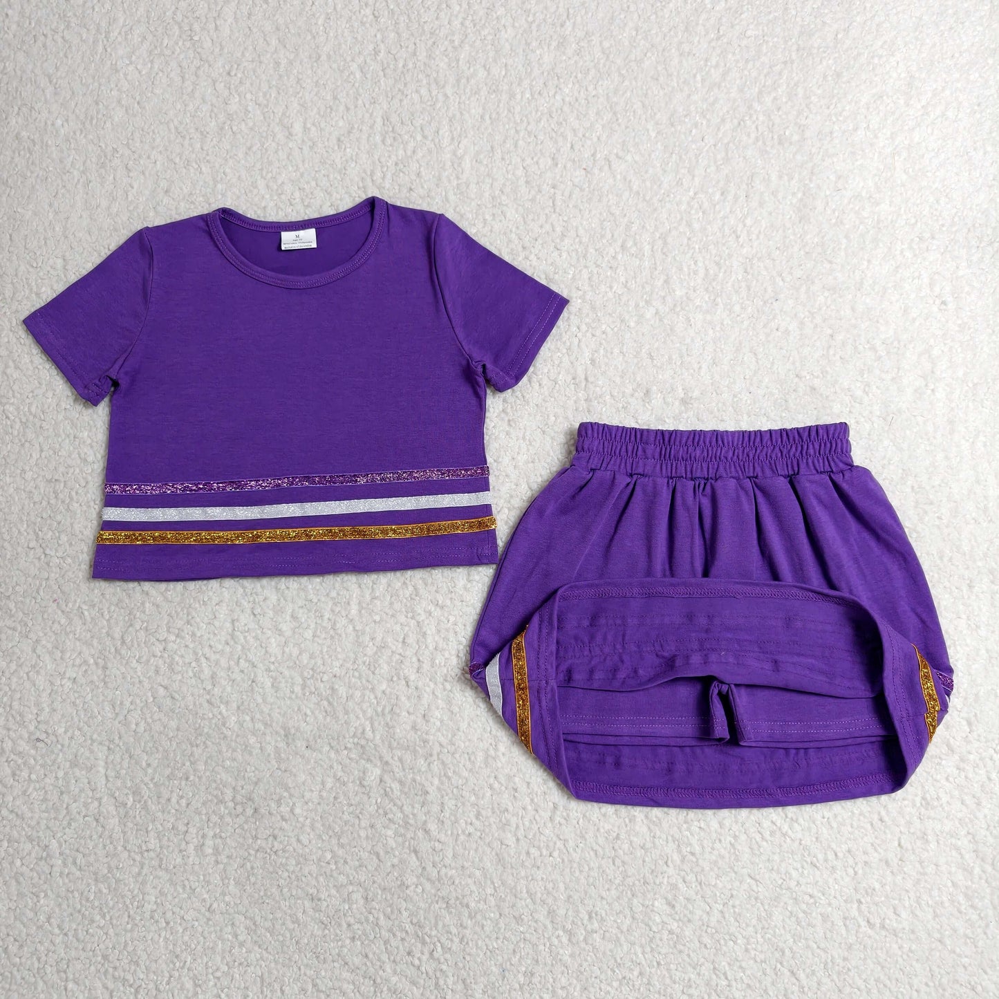 GSD3944 RTS NO MOQ （In stock） Baby Girls Purple Short Sleeve Stripe Top Skirt Short Clothes Sets