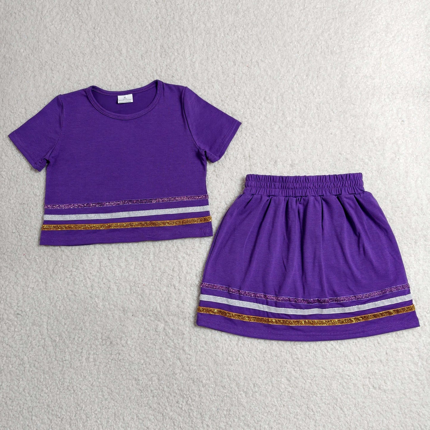 GSD3944 RTS NO MOQ （In stock） Baby Girls Purple Short Sleeve Stripe Top Skirt Short Clothes Sets