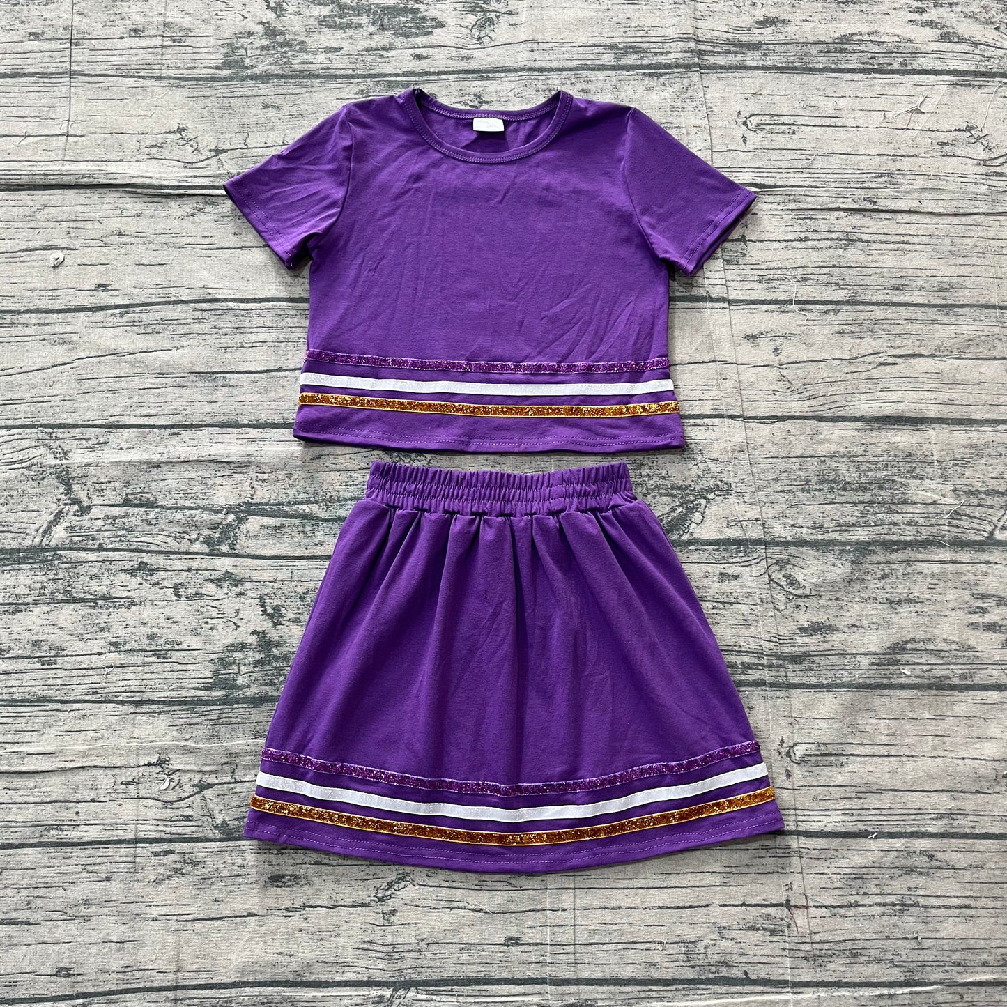 5.5 GSD3944 Sample No Moq Baby Girls Purple Short Sleeve Stripe Top Skirt Short Clothes Sets
