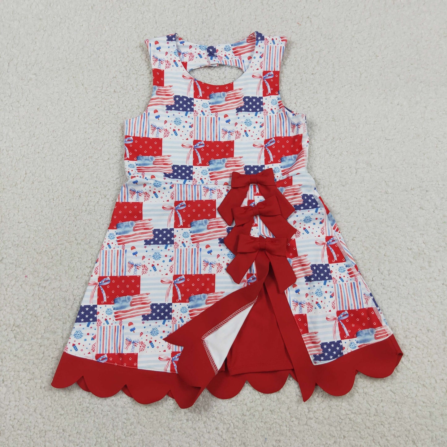 GSD3945 RTS NO MOQ （In stock）Sleeveless flag bow scallop girls 4th of july athletic dress