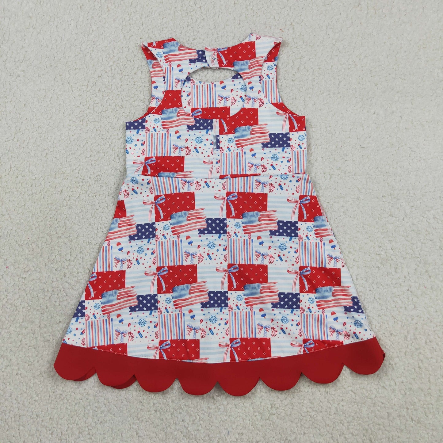 GSD3945 RTS NO MOQ （In stock）Sleeveless flag bow scallop girls 4th of july athletic dress