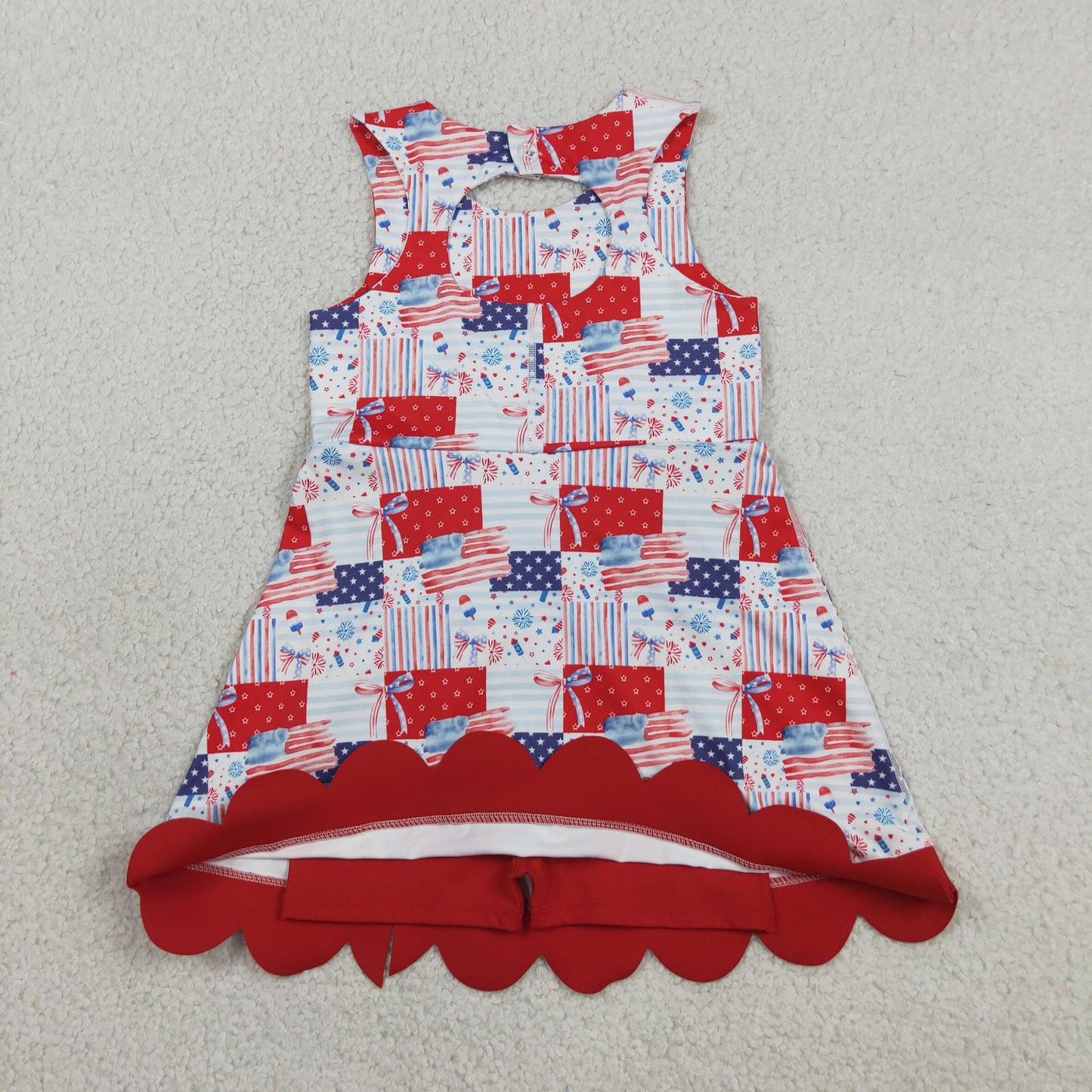 GSD3945 RTS NO MOQ （In stock）Sleeveless flag bow scallop girls 4th of july athletic dress