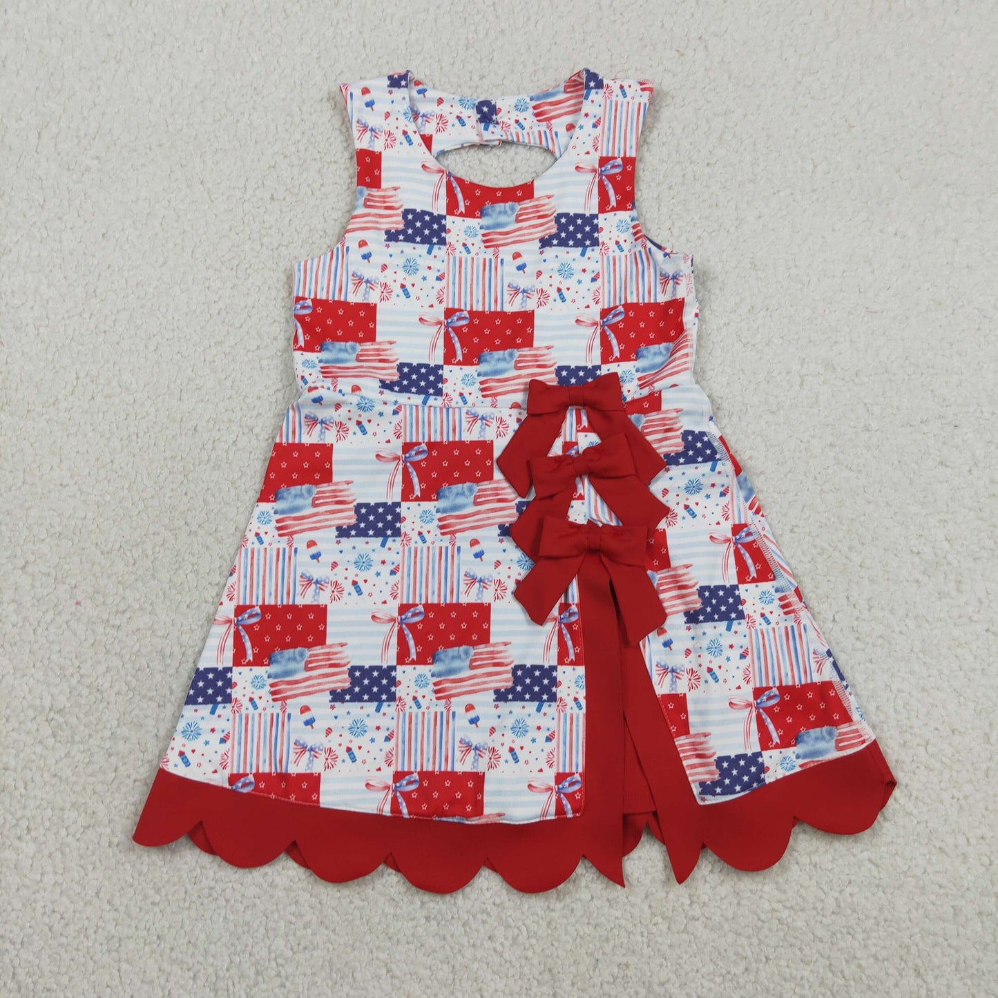 GSD3945 RTS NO MOQ （In stock）Sleeveless flag bow scallop girls 4th of july athletic dress