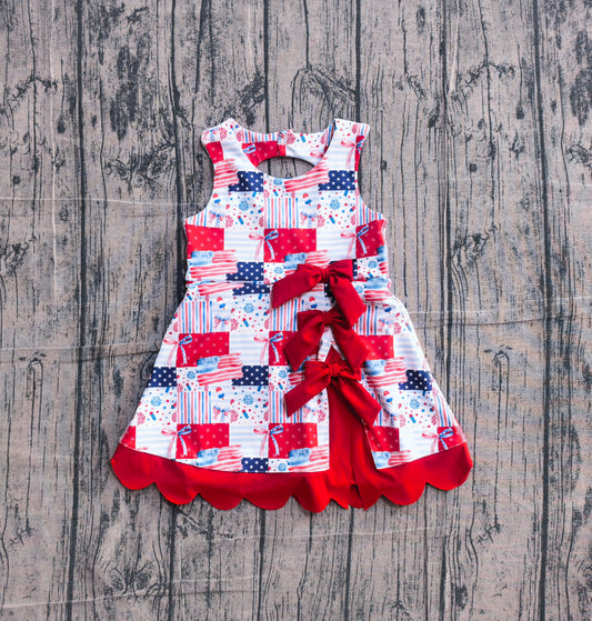 4.9 GSD3945 Sample No Moq Baby Girls Bows Flags 4th of July Yoga Active Scallop Short Knee Length Dress