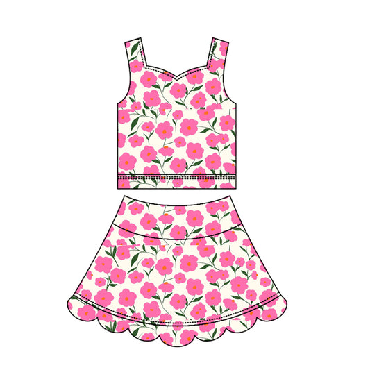 3.18 GSD3949 Pre order No Moq Yoga fabric Baby Girls Summer Fashion Strap Pink Flowers Top Scallop Skirt Short Yoga Active Clothes Set