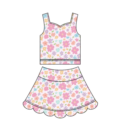 3.18 GSD3950 Pre order No Moq Yoga fabric Baby Girls Summer Fashion Strap Colorful Flowers Top Scallop Skirt Short Yoga Active Clothes Set