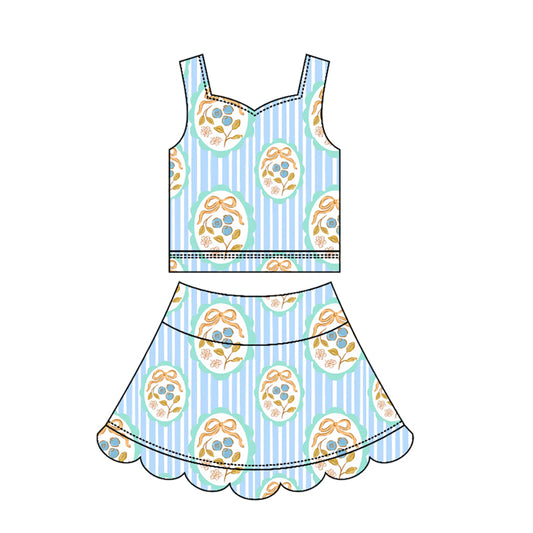 3.18 GSD3951 Pre order No Moq Yoga fabric Baby Girls Summer Fashion Strap Flower Bows Stripe Top Scallop Skirt Short Yoga Active Clothes Set