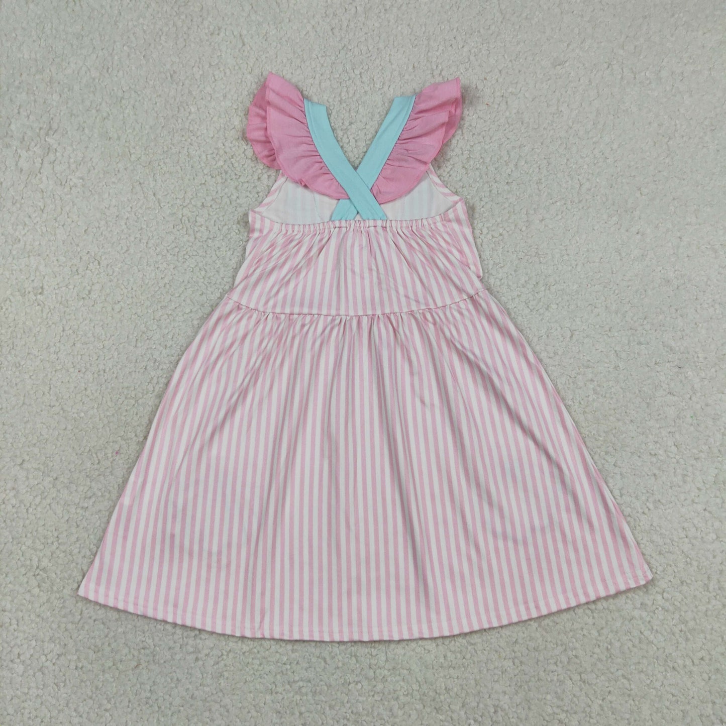 GSD3958 RTS NO MOQ （In stock）Embroidery Baby Girls Pink Stripe Button Bows Pockets Knee Length Dresses