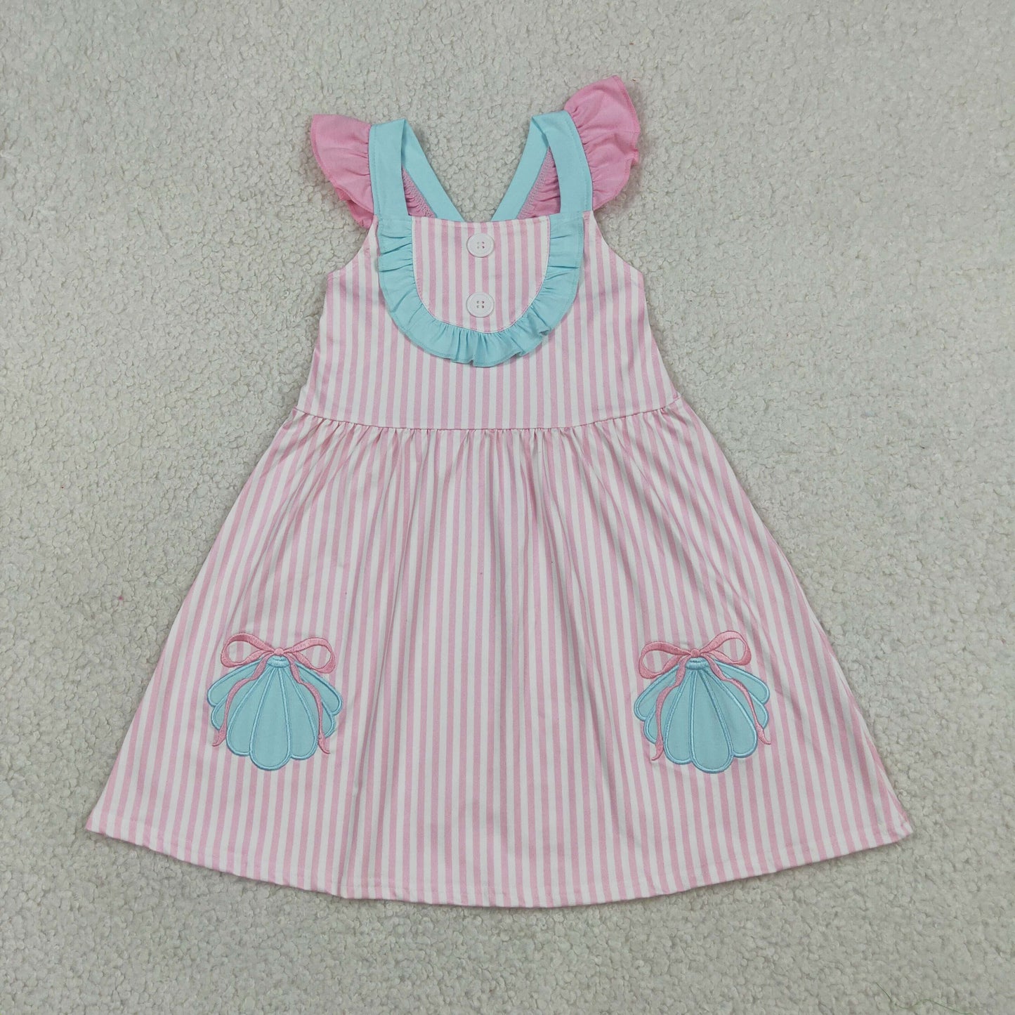 GSD3958 RTS NO MOQ （In stock）Embroidery Baby Girls Pink Stripe Button Bows Pockets Knee Length Dresses