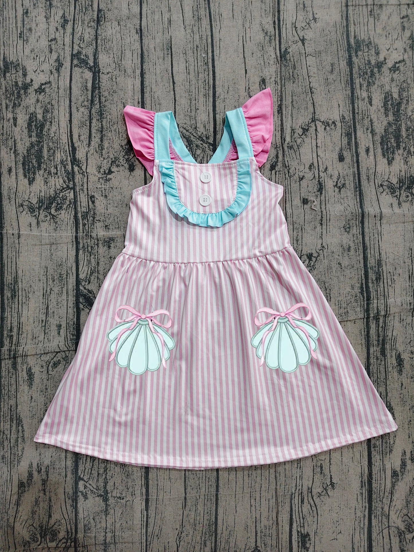 4.12 GSD3958 Sample No Moq Embroidery Baby Girls Pink Stripe Button Bows Pockets Knee Length Dresses