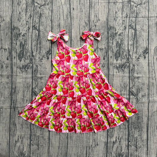 5.9 GSD3964 Sample No Moq Baby Girls Strap Bows Strawberry Patchwork Knee Length Dresses