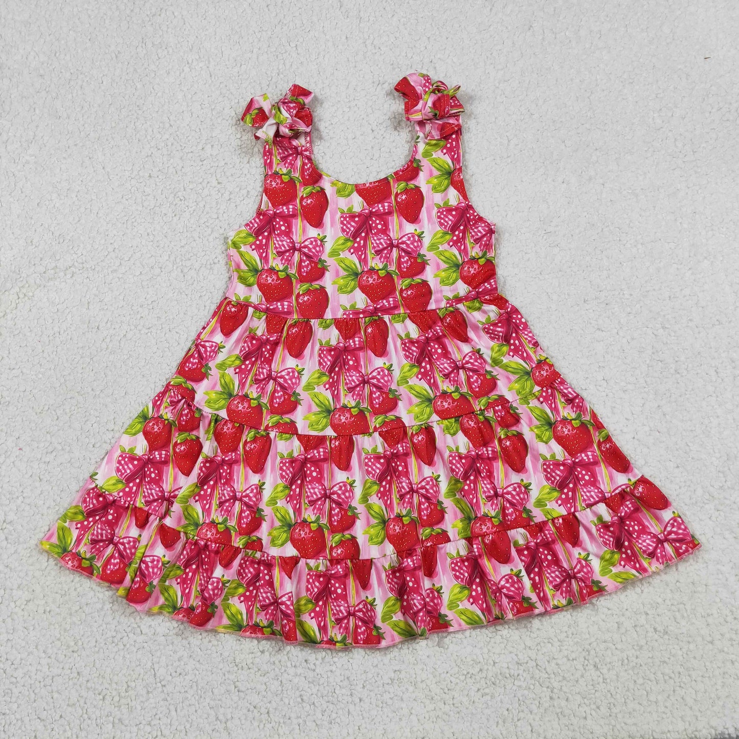 GSD3964 RTS NO MOQ （In stock）Sleeveless strawberry bow kids girls summer dresses