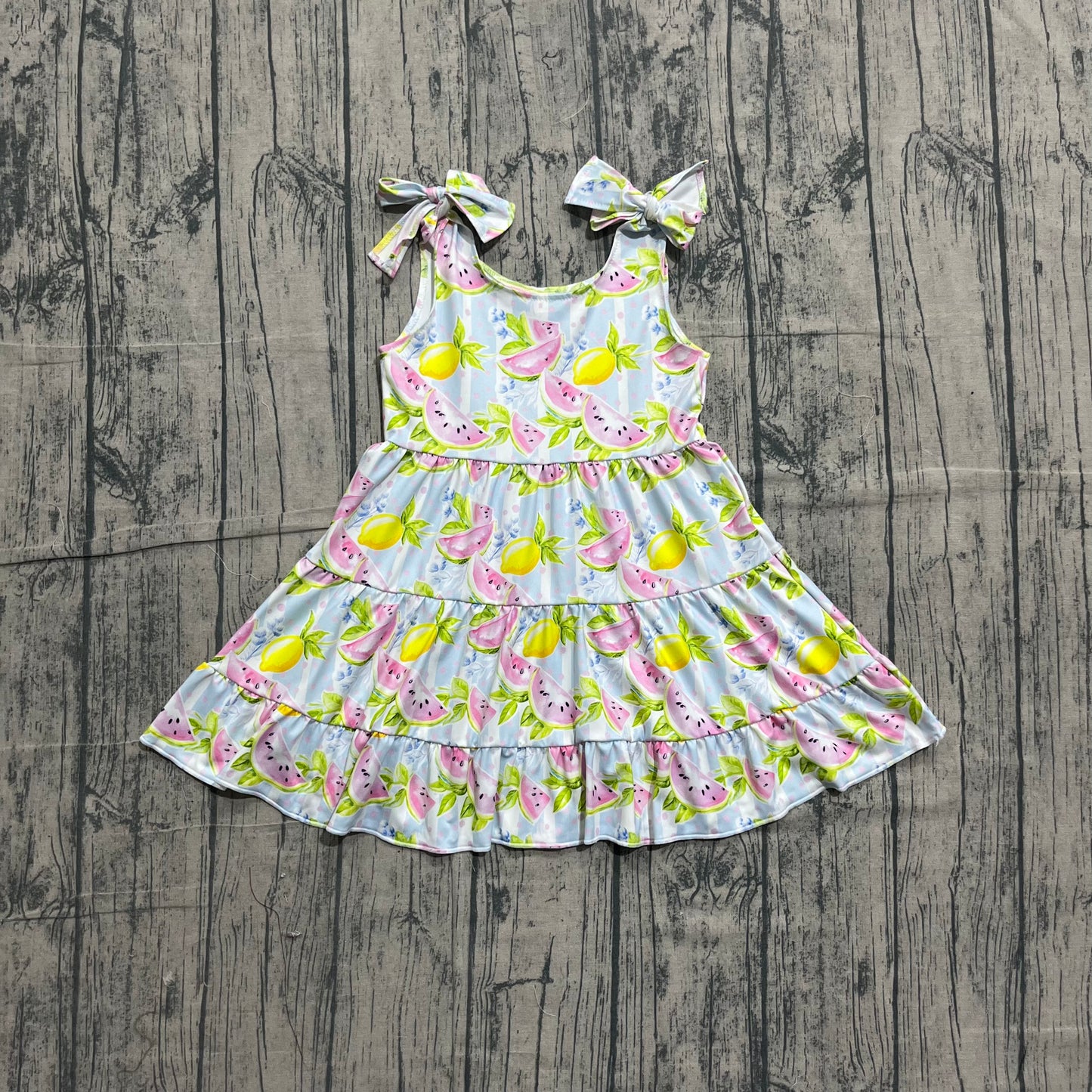 5.11 GSD3965 Sample No Moq Baby Girls Strap Watermelon Lemons Patchwork Knee Length Dresses