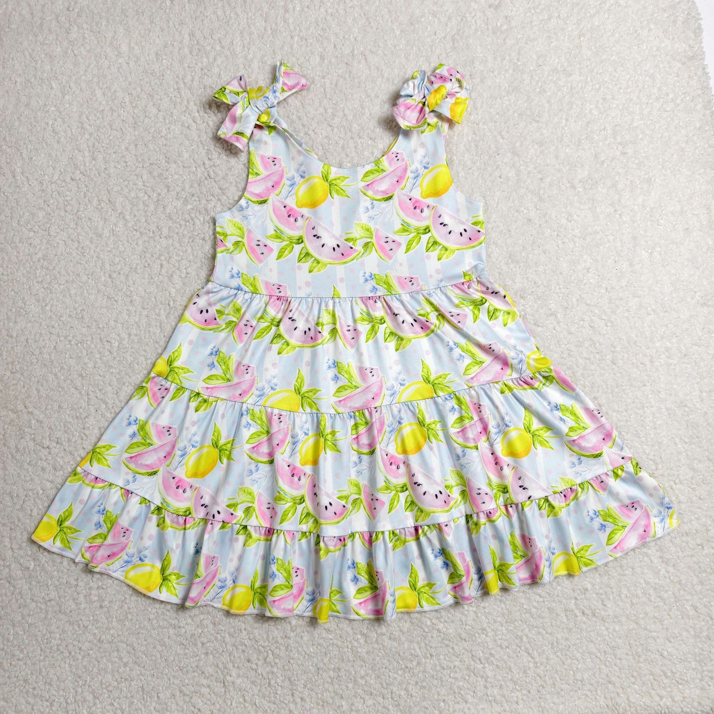 GSD3965 RTS NO MOQ （In stock）Baby Girls Strap Watermelon Lemons Patchwork Knee Length Dresses（副本）