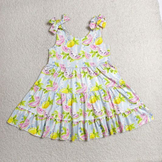 GSD3965 RTS NO MOQ （In stock）Baby Girls Strap Watermelon Lemons Patchwork Knee Length Dresses（副本）