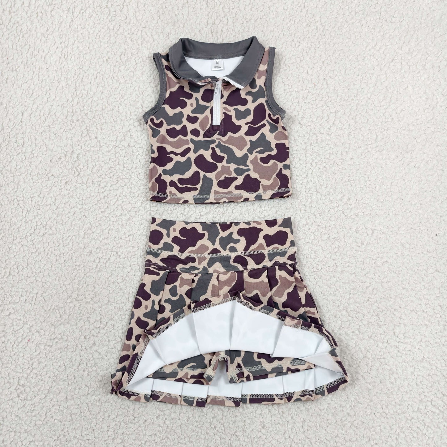 GSD3969 RTS NO MOQ （In stock）Baby Girls Brown Camo Zipper Top Skirt Short Yoga Active Clothes Set