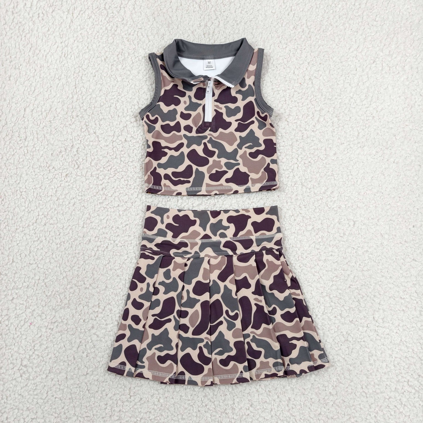 GSD3969 RTS NO MOQ （In stock）Baby Girls Brown Camo Zipper Top Skirt Short Yoga Active Clothes Set