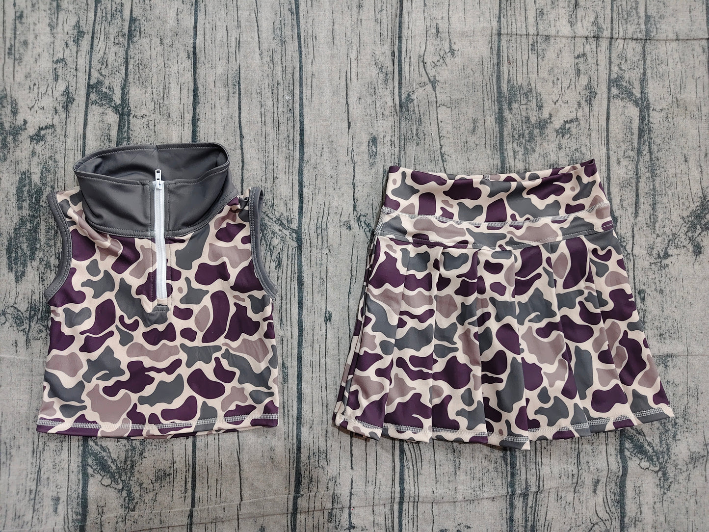 4.12 GSD3969 Sample No Moq Baby Girls Brown Camo Zipper Top Skirt Short Yoga Active Clothes