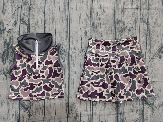 4.12 GSD3969 Sample No Moq Baby Girls Brown Camo Zipper Top Skirt Short Yoga Active Clothes