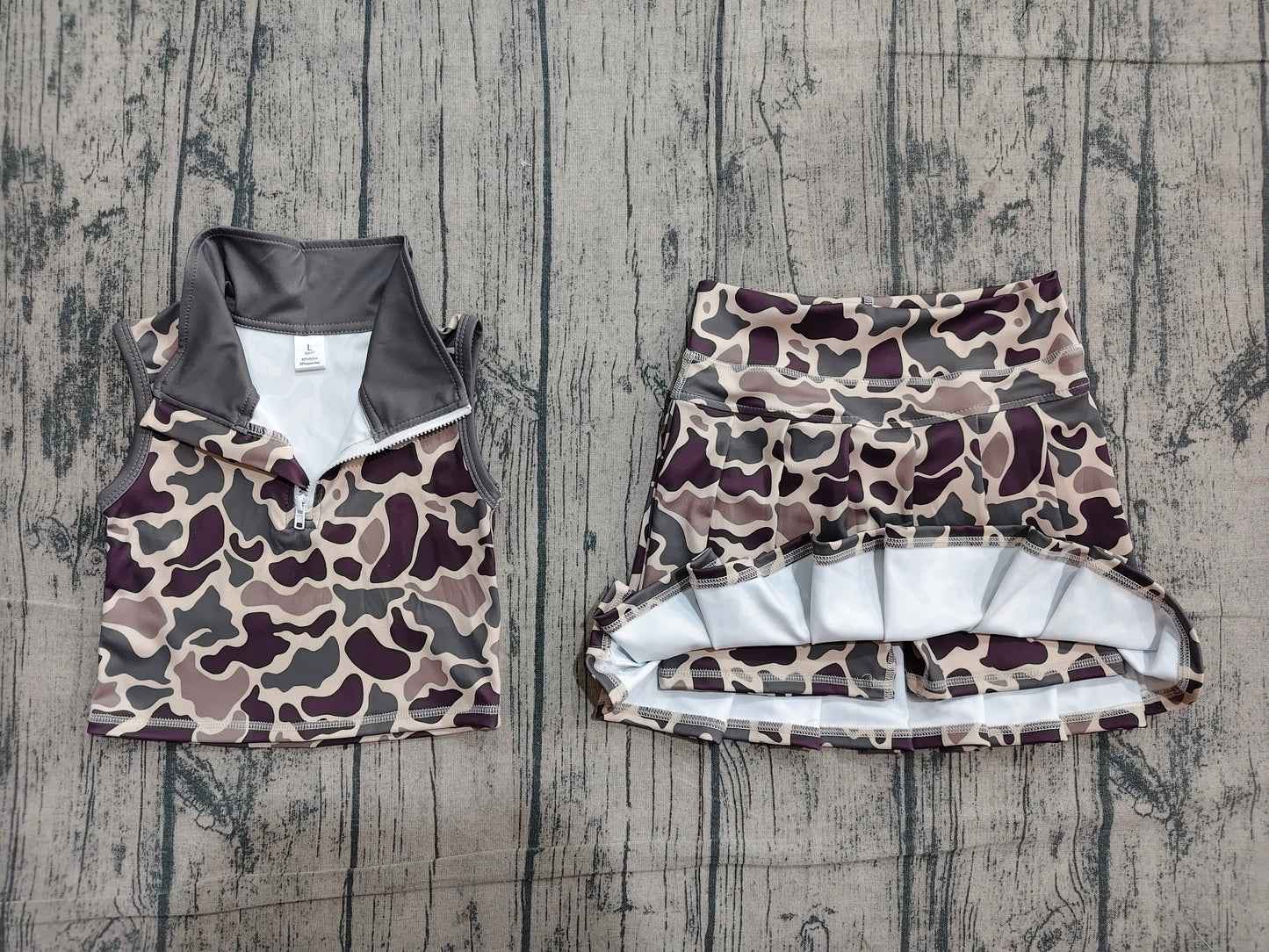 4.12 GSD3969 Sample No Moq Baby Girls Brown Camo Zipper Top Skirt Short Yoga Active Clothes