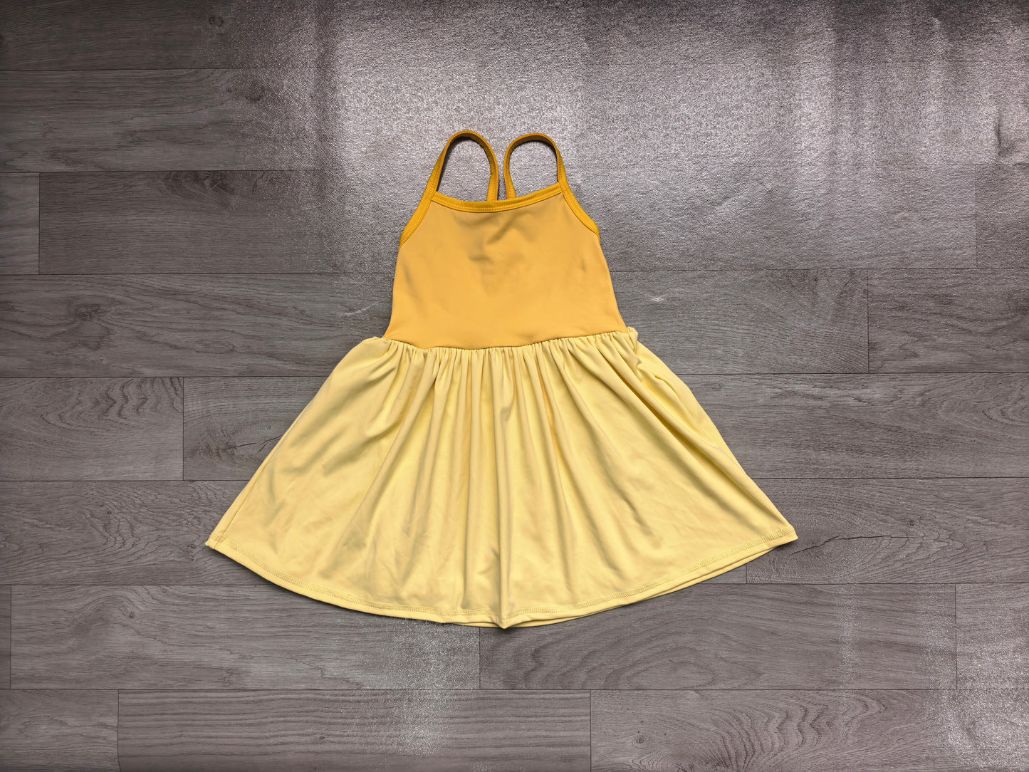 6.24 GSD3982 Sample No Moq Baby Girls Yellow Strap Yoga Active Patchwork Knee Length Dress