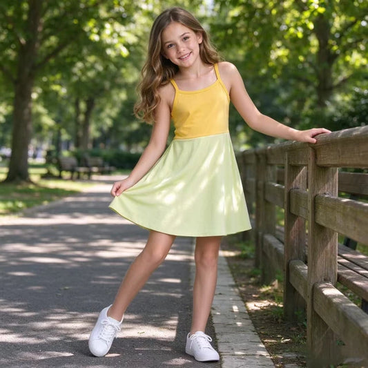 RTS NO MOQ （In stock）yoga fabric cotton GSD3982 Yoga Baby Girls Yellow Patchwork Strap Yoga Skort Knee Length Dress
