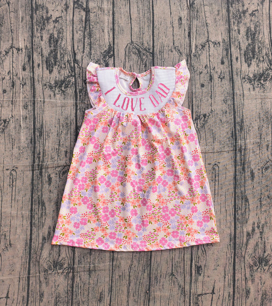 4.9 GSD3986 Sample No Moq Smocked I Love Dad Baby Girls Flutter Sleeve Flowers Knee Length Dress