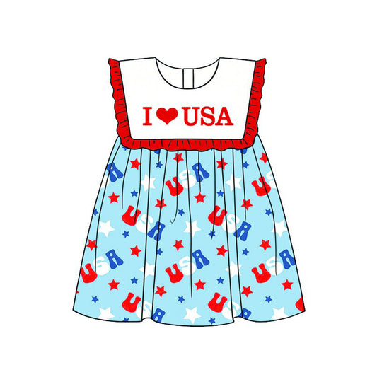 3.25 GSD4002 Pre order No Moq Baby Girls Summer Fashion Sleeveless I Love USA Stars 4th of July knee Length Dresses
