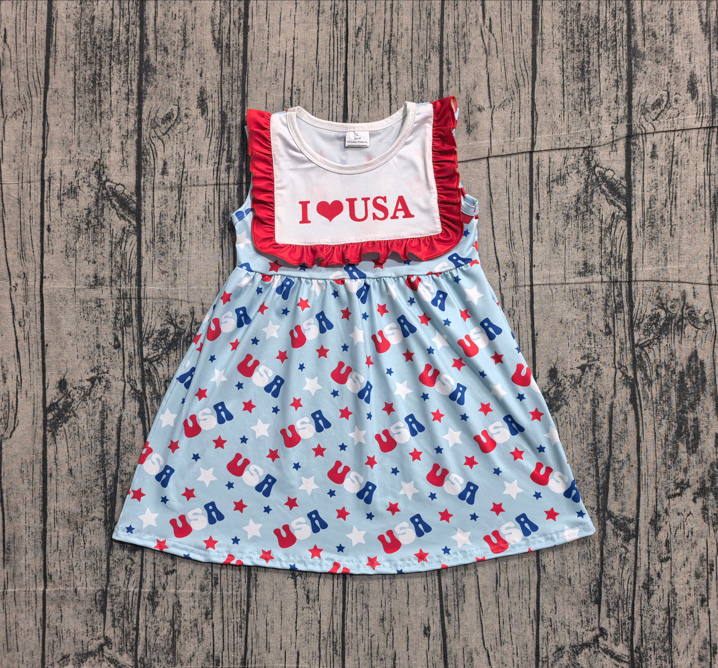 4.1 GSD4002 Sample No Moq Baby Girls Sleeveless I Love USA Stars 4th of July Knee Length Dresses Preorder