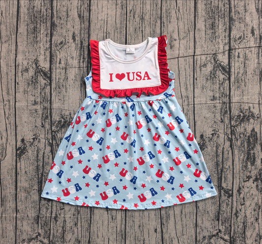 4.1 GSD4002 Sample No Moq Baby Girls Sleeveless I Love USA Stars 4th of July Knee Length Dresses Preorder