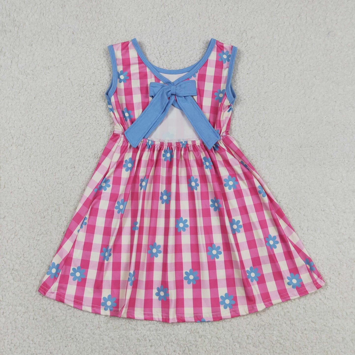 GSD4007 RTS NO MOQ （In stock ）Hot pink plaid floral sleeveless kids girls dresses