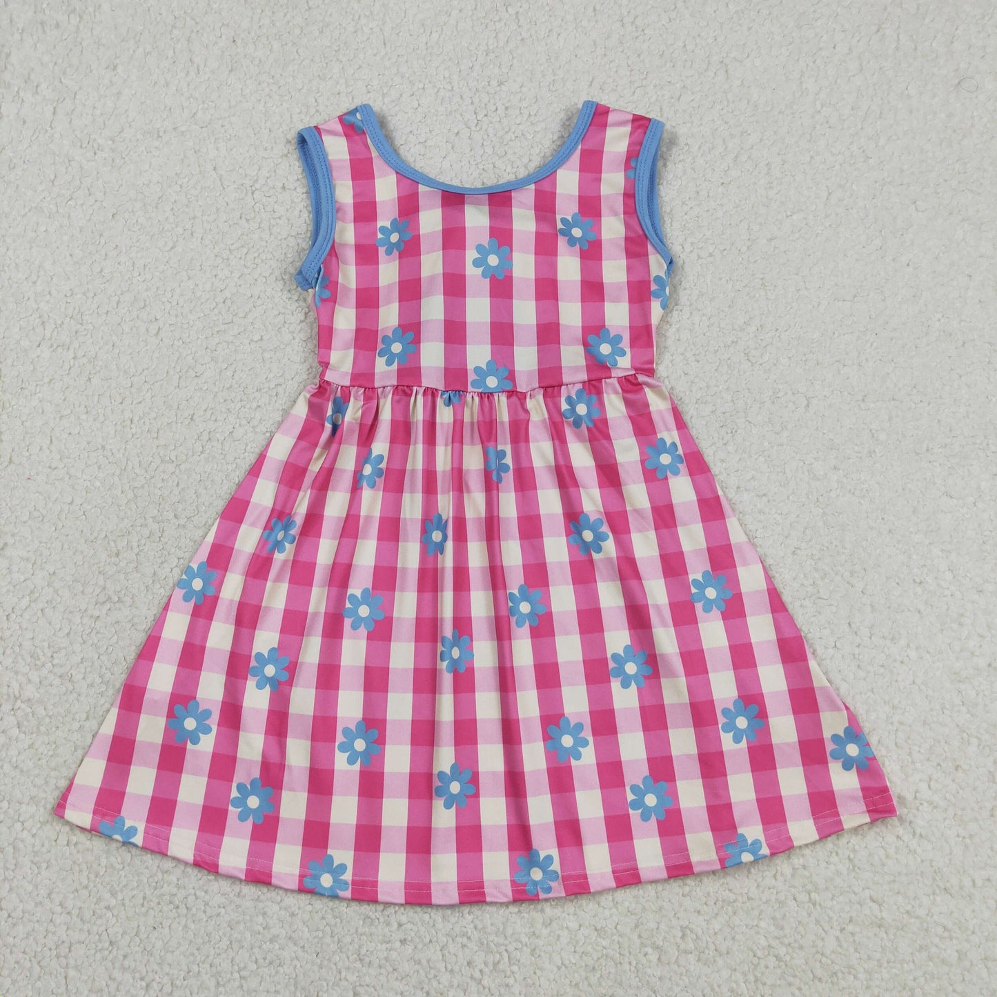 GSD4007 RTS NO MOQ （In stock ）Hot pink plaid floral sleeveless kids girls dresses