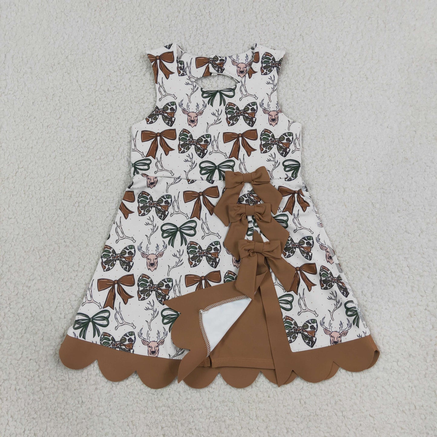 GSD4008  RTS NO MOQ （In stock） Yoga Baby Girls Camo Bow Deer Print Scallop Knee Length Yoga Active Dress