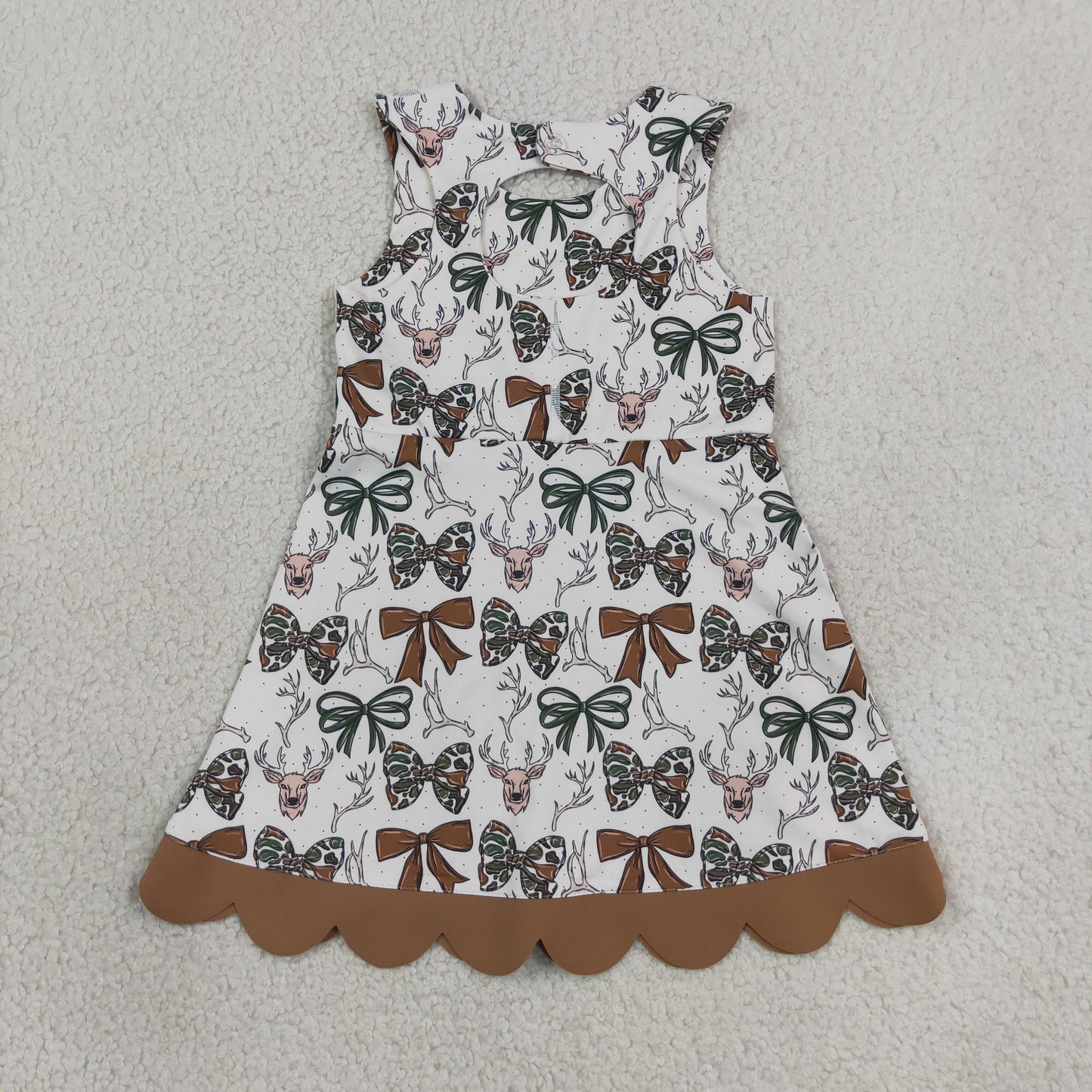 GSD4008  RTS NO MOQ （In stock） Yoga Baby Girls Camo Bow Deer Print Scallop Knee Length Yoga Active Dress